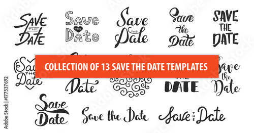 Set of 13 vector hand drawn typography design element for greeting cards or invitations. Save the date calligraphy phrases. Unique lettering. Vintage templates. Art isolated on white background.