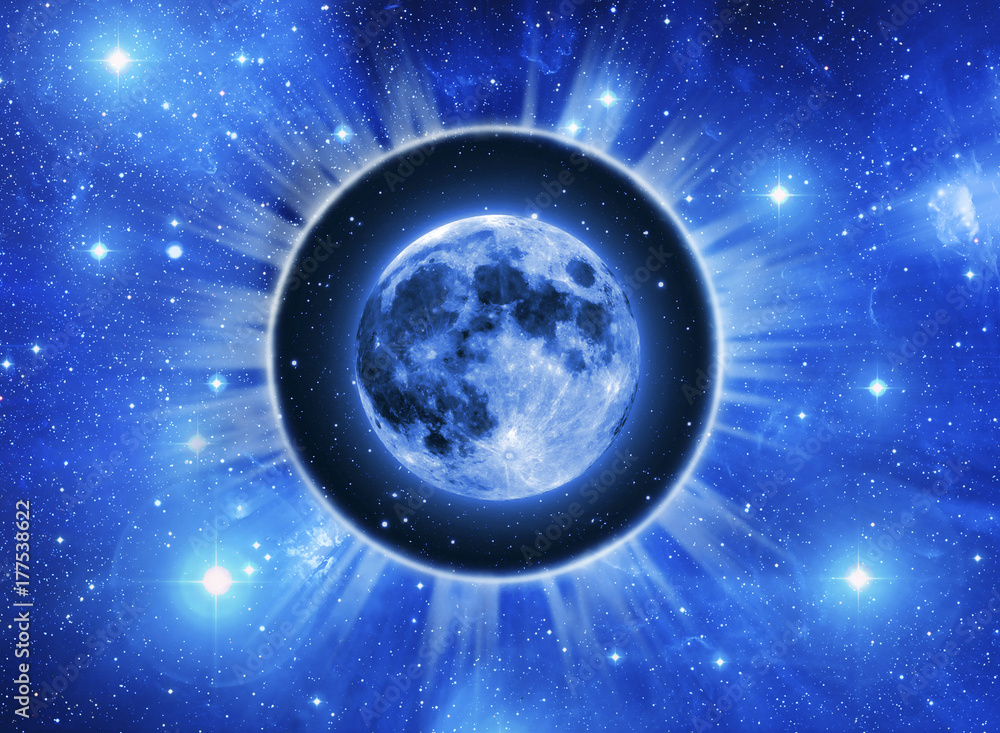 Fototapeta premium Moon in a light circle over blue starry Universe background like a concept Lunar astrology