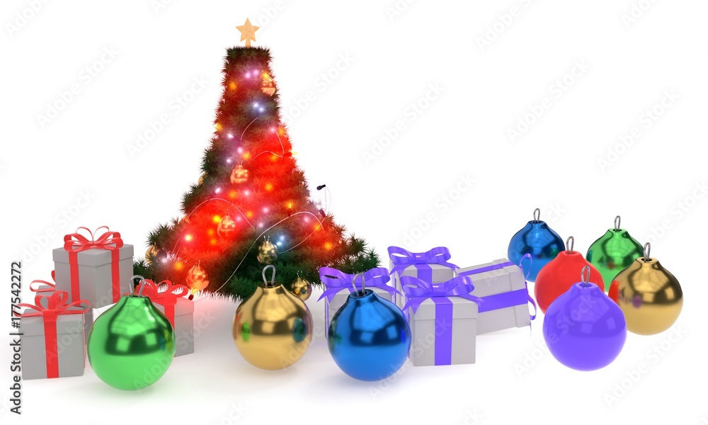 Christmas tree, Christmas balls and gift packages, 3d render