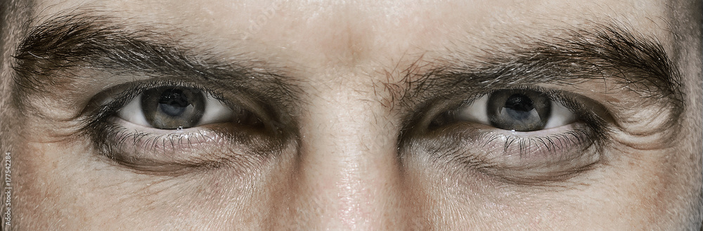 Portrait of a European male close-up with bristles on a gray background. male eyes close-up