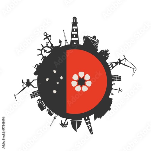 Circle with sea shipping and travel relative silhouettes. Objects located around the circle. Industrial design background. Australian nothern territory flag in the center.