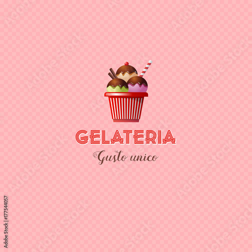 Italian ice cream logo. Gelateria emblem. Letters and Ice cream in a cup on a plaid background.