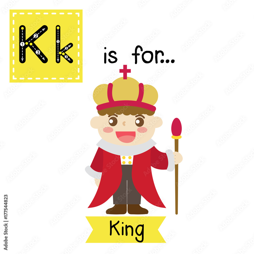 Cute children ABC alphabet K letter tracing flashcard of King for kids  learning English vocabulary in Happy Halloween Day theme. Vector  illustration. Stock Vector
