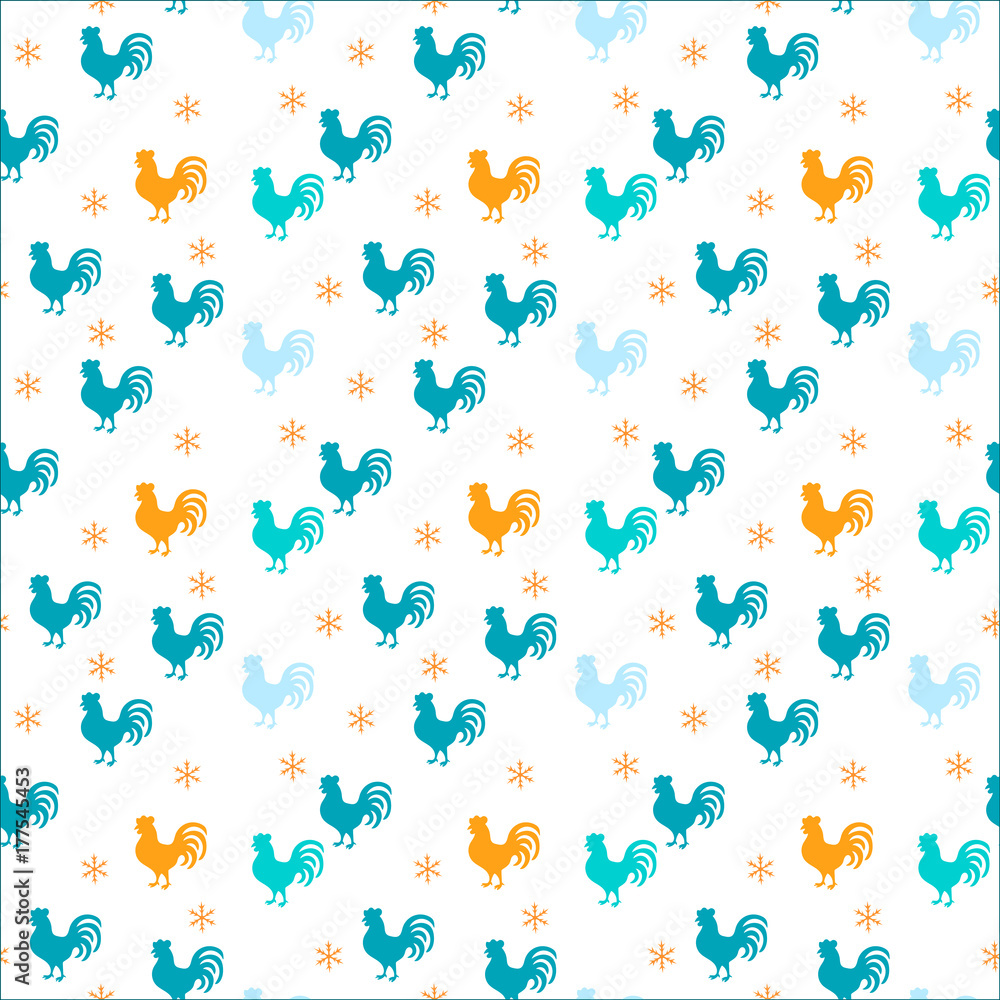 Pattern with blue cocks and orange cocks of the number 2017, surrounded by snowflakes on a white background.