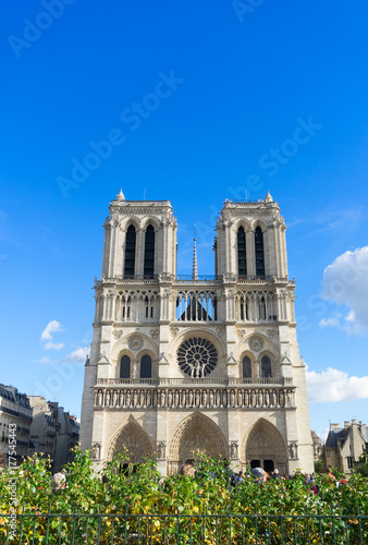 facade of Notre Dame cathedral church, Paris, France