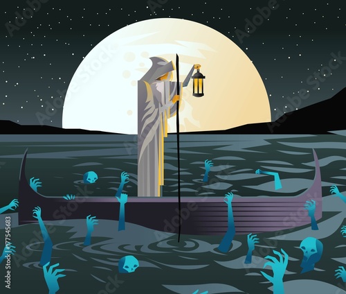 charon with boat traveling in styx sea
