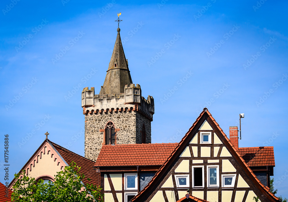 The Protestant James Church in Bruchkoebel (built 1392) close to Hanau, its tower is the landmark of the city, Hesse, Germany