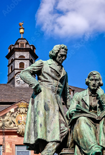 Brothers Grimm looking down at the market square, Hanau, Germany