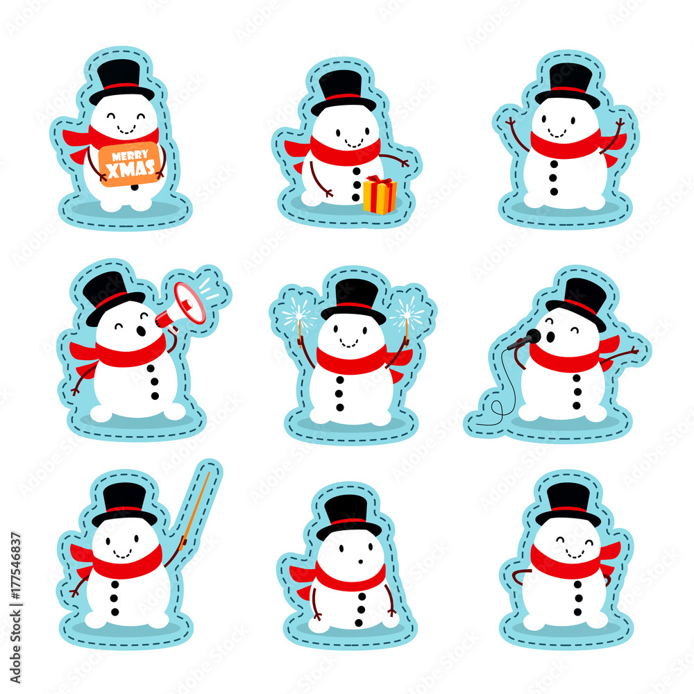 Snowmen in different situations. Set stickers. Funny emotional characters for the Christmas and New Year design. Vector illustration. Isolated on white