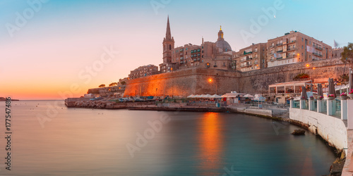 Panorama with Valletta Skyline with churche of Our Lady of Mount Carmel and St. Paul's Anglican Pro-Cathedral, at dawn, Valletta, Capital city of Malta