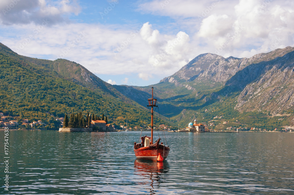 View of Bay of Kotor and islands of St. George and Our Lady of the Rocks. Perast, Montenegro