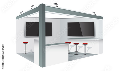Exhibition stand display trade booth mockup design, white and grey colors.
