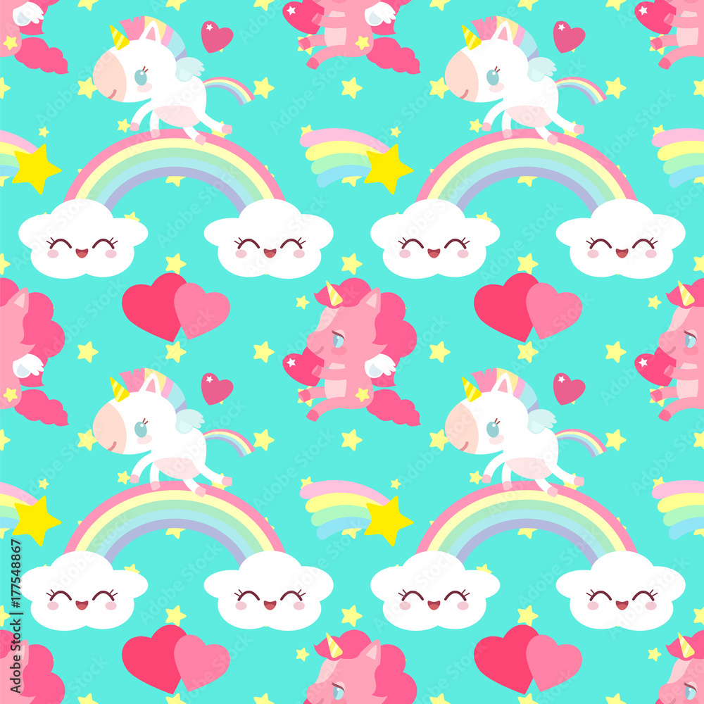 Cute pink unicorn with a heart pattern. Little Pony. Children's character. A magical country with a rainbow.