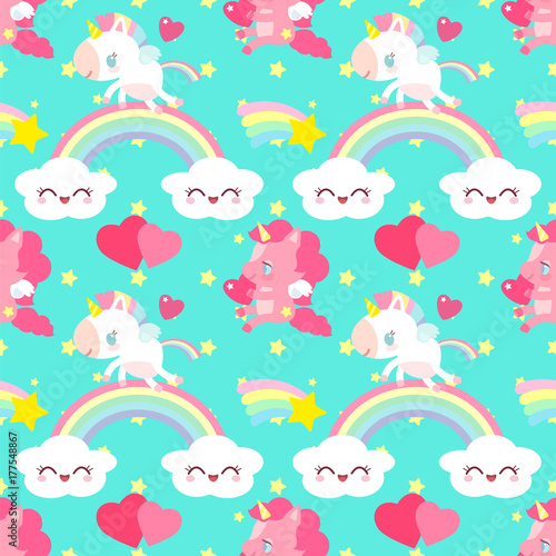 Cute pink unicorn with a heart pattern. Little Pony. Children s character. A magical country with a rainbow.