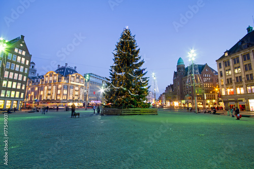 Photography Christmas on the Damsquare in Amsterdam in the Netherlands at night