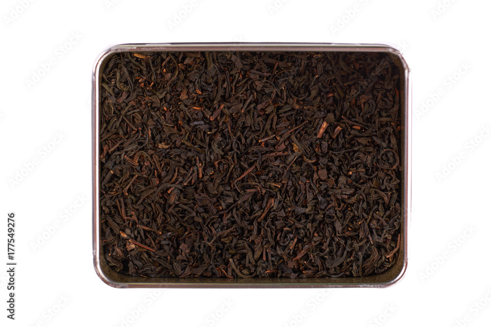 dry black tea leaves in box isolated on white background dry black tea leaves in box isolated on white background