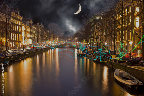 Canvas Print Amsterdam light festival in the canals from Amsterdam in the Netherlands