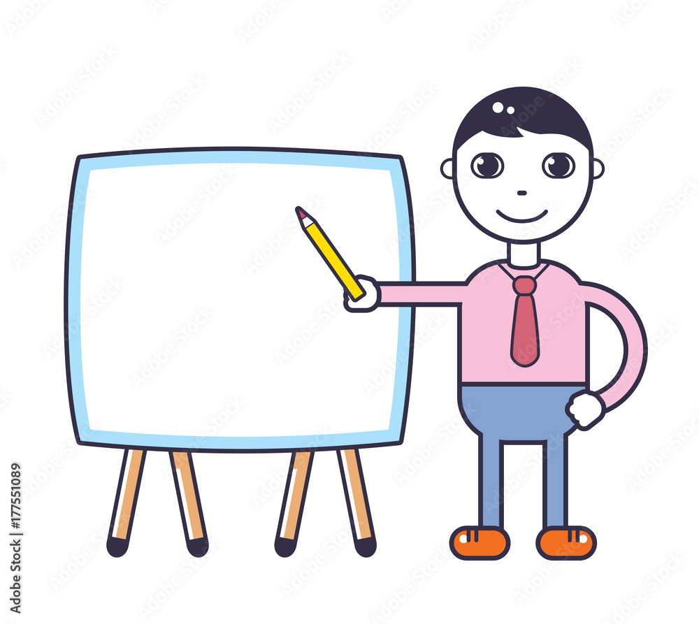 Business man showing on a white blank board or presentation stand. Business man showing on a white blank board or presentation stand.