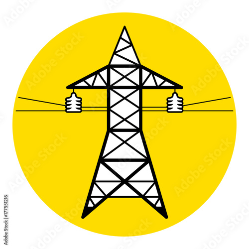 High voltage power line transmission tower round icon. Electricity pylon sign.