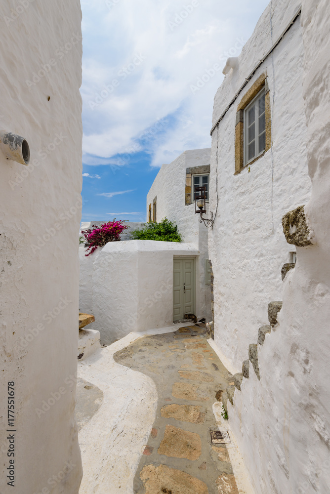 The traditional streets of Chora town, Patmos island, Dodecanese, Greece