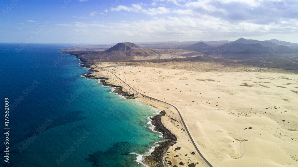 aerial view of road, desert, coast, fuerteventura, canary islands