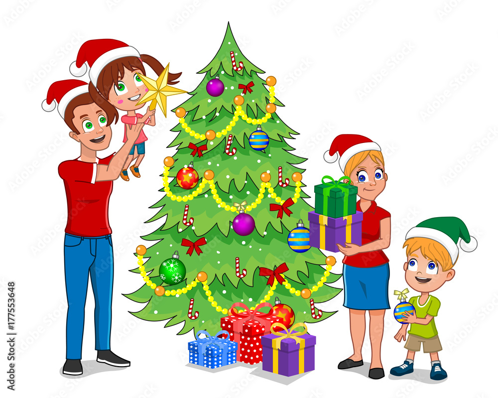 Family Decorating Christmas Tree Clipart