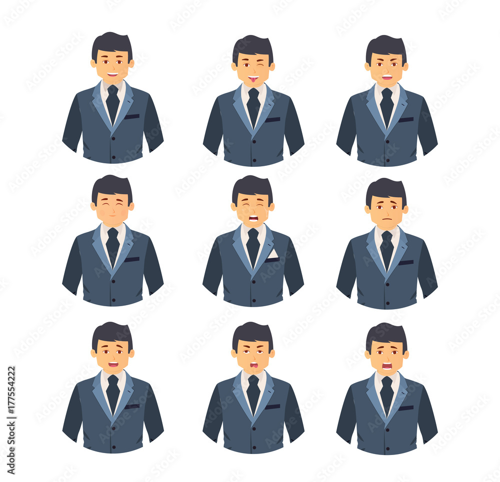 Set of business characters people, with different emotions on face. Set of business characters people, with different emotions on face.