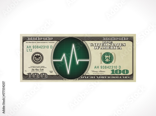 Business pulse concept - 100 dollars with heartbeat sensor monitor