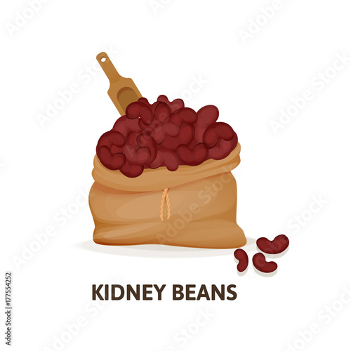 Bag of red beans culture, wooden spoon, plant, agricultural crop.