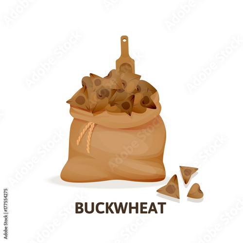 Bag of buckwheat cereals, wooden spoon, agricultural crop, organic food.