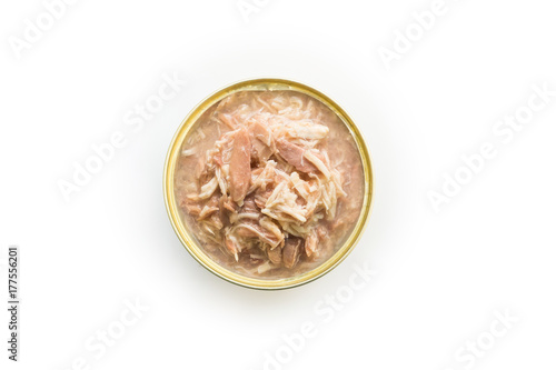Canned Chicken and Tuna isolated, open chicken tin on a white background, Canned soy, Tuna packed in water