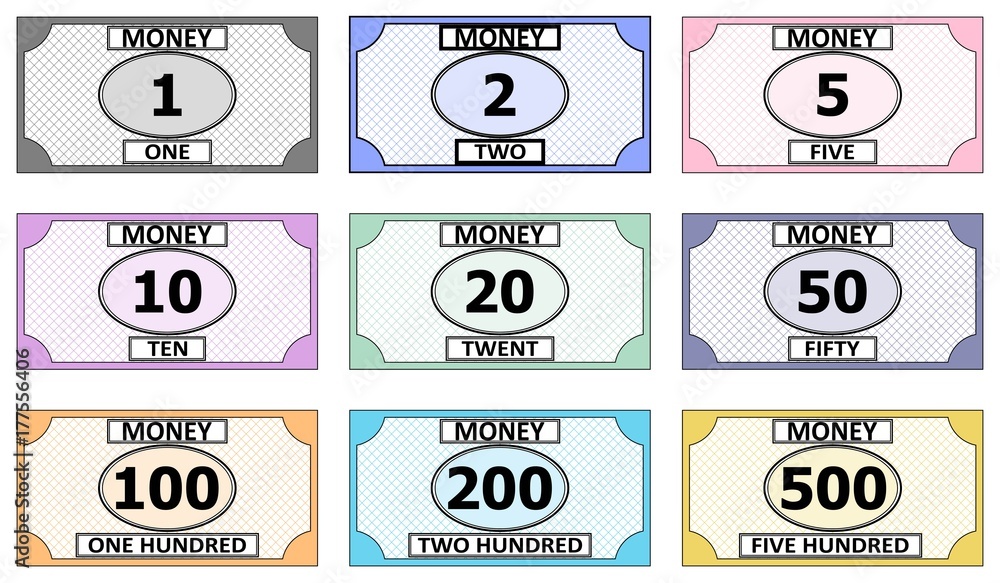 Деньги распечатать для игры а4 Set of banknotes for playing Board games vector play money bill for the game fam