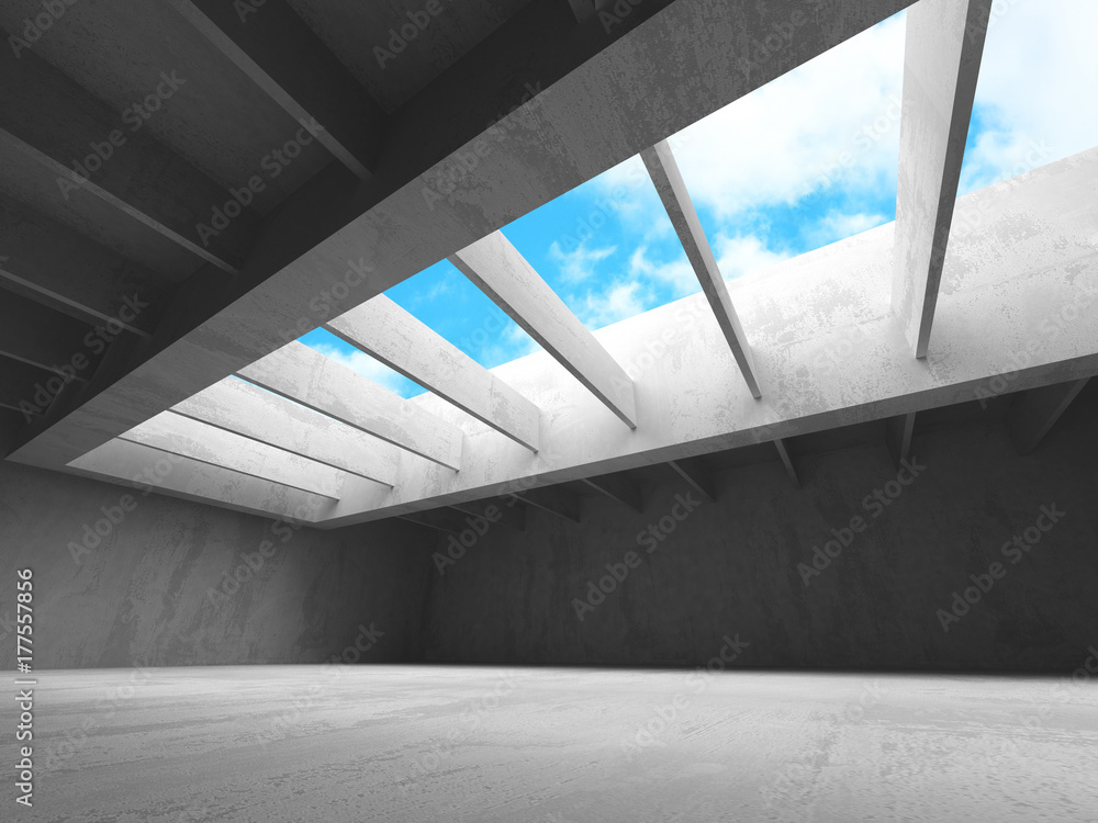 Obraz premium Concrete room wall construction on cloudy sky background