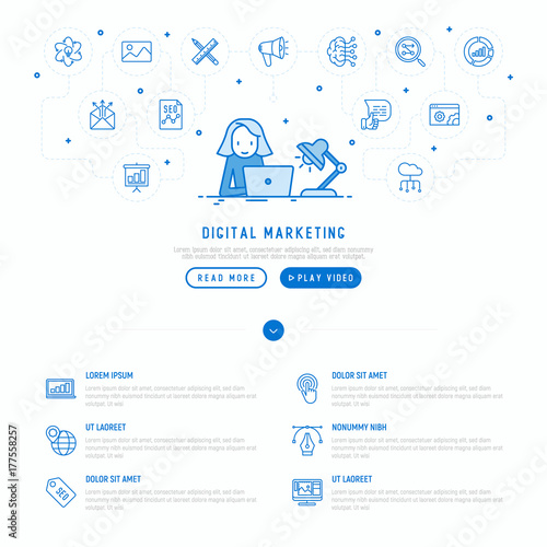 Digital marketing. Woman is working overtime with laptop and lamp with thin line icons of analytics, social strategy, seo, graphic design, programming. Vector illustration for template of web page.