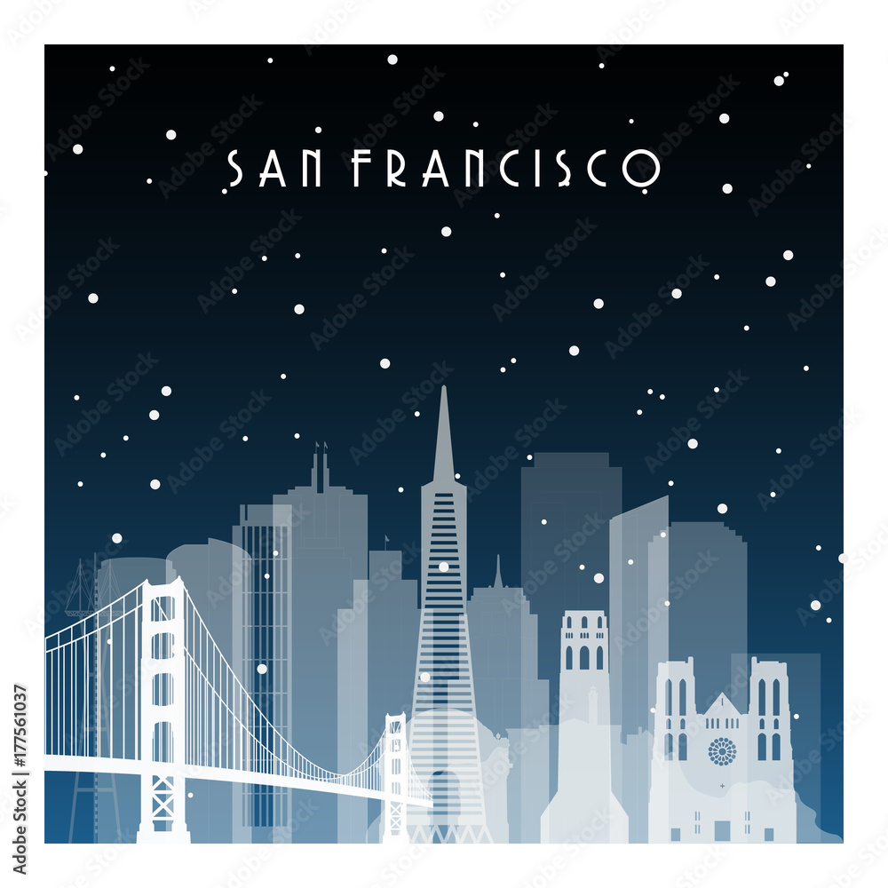 Winter night in San Francisco. Night city in flat style for banner, poster, illustration, game, background.