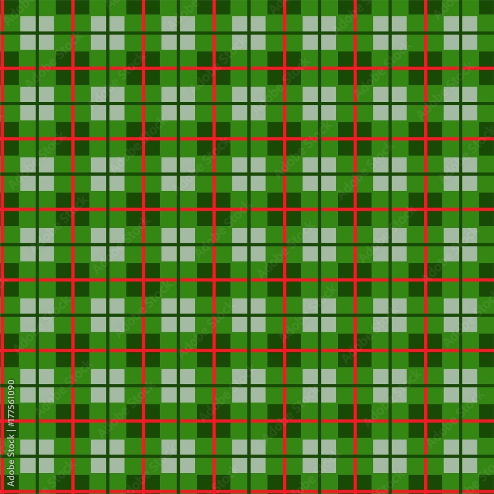 Checkered pattern of small squares seamless background, green, vector. Green squares and red thin lines on a light green field. Geometric, colored background. Pattern for cloth or paper. Checkered pattern of small squares seamless background, green, vector. Green squares and red thin lines on a light green field. Geometric, colored background. Pattern for cloth or paper.