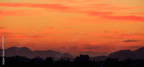 Athens, Greece. Sunset over hills silhouette