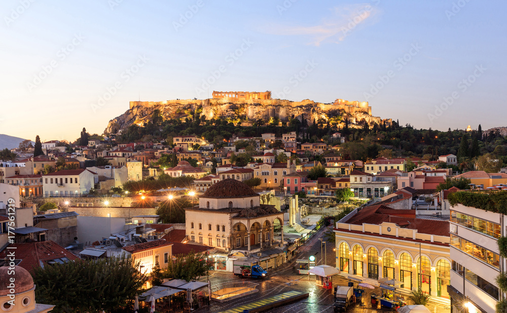 Athens, Greece. Acropolis rock and Monastiraki square early in the morning