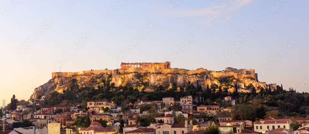 Athens, Greece. Acropolis rock and Plaka early in the morning