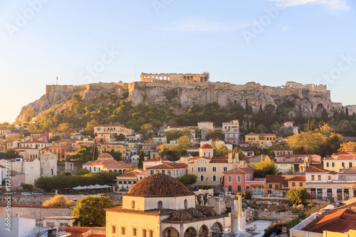 Athens, Greece. Acropolis rock and Monastiraki square early in the morning