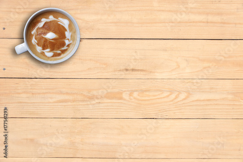 Hot cappuccino coffee drink on wooden of brown mock up, copy space background
