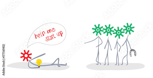 help me start up/ vector illustration of a concept of a lying man with a burning light bulb in his hand and a head in the form of a mechanism that refers to a team