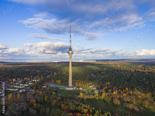 Aerial shot of the Tallinn TV Tower at autumn