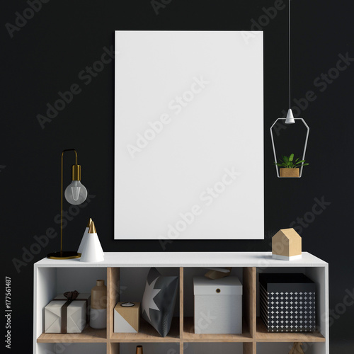 Modern interior with credenza, posters and lamps. poster mock up. 3D illustration