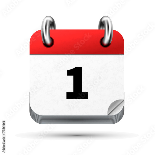 Bright realistic icon of calendar with 1st date isolated on white