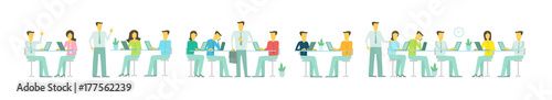 Site header long illustration Office team business people set discussing meeting sit at the table working. Brainstorming talking optimistic