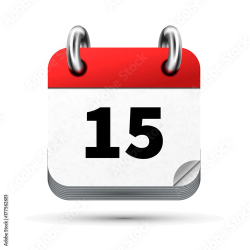 Bright realistic icon of calendar with 15th date isolated on white