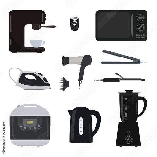 Household electrical appliances on a white background. There is a kettle, a microwave, a blender, a coffee machine, a iron, a hair dryer, epilator and other objects in the picture. Vector illustration