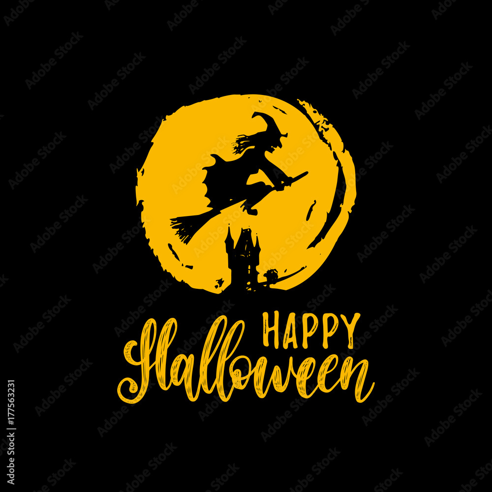 Happy Halloween lettering with witch vector illustration for party invitation card, poster. All Saints Eve background.