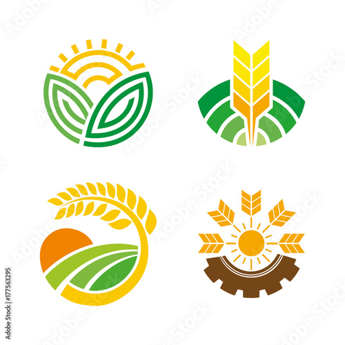 Design of agriculture logos. Color logotype isolated on white background. Natural product sign. Farm symbol set. Vector illustration.
